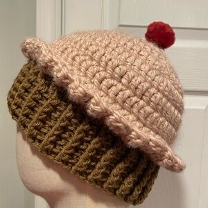 Handmade Crochet Mauve Strawberry Cupcake Beanie Winter Hat Cozy Comfy Warm